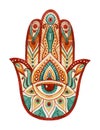 Hamsa Hand in watercolor. Protective and Good luck amulet in Indian, Arabic Jewish cultures. Hamesh hand in vivid colors.