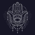Hamsa icon. Monochrome vector illustration is isolated on a blue background. Esoteric protective amulet hand of Fatima