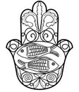 Hamsa, Miriam hand symbol with floral ornament and two fishes.