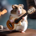 A hamster as a rock and roll musician, strumming a tiny electric guitar3