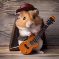 A hamster as a rock and roll musician, strumming a tiny electric guitar1