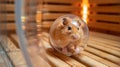 A hamster in a ball zooming around a sauna room while its owner watches from a bench.