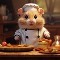 Hamster chef cooking in a little hamster kitchen.