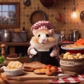 Hamster chef cooking in a little hamster kitchen.