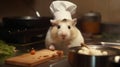 Hamster in chef\'s hat with a wooden board on a kitchen Royalty Free Stock Photo