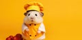 Hamster chef in a chef's hat on a yellow background. Banner, copy space.