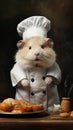 Hamster cook in a chef's hat stands on the black background