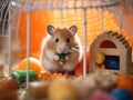 A hamster eating a carrot in a cage. Generative AI image. Royalty Free Stock Photo