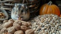 A hamster eating nuts and seeds in a basket with pumpkins, AI Royalty Free Stock Photo
