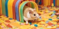 Hamster explores a homemade maze on a colorful background, illustrating the fun of engaging with our furry friends Royalty Free Stock Photo