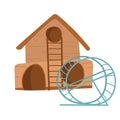 Hamster habitat, accessories. House for hamster. Rat wheel. Vector stock illustration