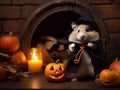 hamster in halloween costume in living room with fireplace decorated with pumpkin