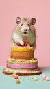 Hamster having a birthday celebration with colorful party supplies around it.