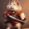hamster holding a sword. Hamster is wearing a knights dress. cute Hamster. Generative AI Royalty Free Stock Photo