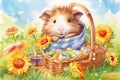 A hamster invites for a picknick outside in a spring meadow with flowers. Watercolor