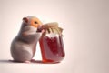 Hamster with a jar of raspberries on a light background. Space for text. Royalty Free Stock Photo