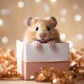 Hamster looks out of a gift box, a pet as a gift, love for animals,