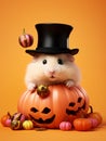 A hamster magician in a black hat peering out of a pumpkin. Halloween poster
