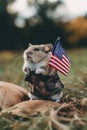 A hamster in a military outfit holding an american flag. Generative AI image.