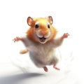 Hamster pet with open mouth running fast on the withe background. Cute gray rodent isolated.