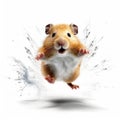Hamster pet with open mouth running fast on the withe background. Cute gray rodent isolated.
