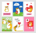 Hamster postcard. Cartoon greeting card with fluffy pet for birthday and Valentine holidays. Animals and romantic signs