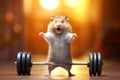 Hamster roborovski standing in front of a barbell. Fitness or healthy lifestyle concept