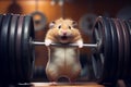 Hamster roborovski standing in front of a barbell. Fitness or healthy lifestyle concept