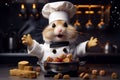 The Hamster roborovski wearing a white chef apron is cooking sweets