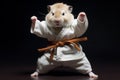 The Hamster roborovski wearing a white kimono is practicing karate