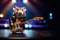 Hamster rock musician stands on stage in the light of stage lights with an electric guitar