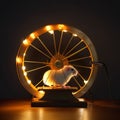 the hamster runs in the wheel and generates electricity, the light bulbs burn in the wheel,