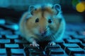 A hamster sits on a keyboard, its tiny paws poised over the keys, under the glow of a blue light