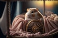 a hamster sitting on top of a bed next to a wheel on a blanket and a lamp on a table Royalty Free Stock Photo