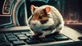 A hamster sitting on top of a computer keyboard with city lights in the background, AI