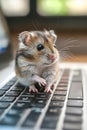 A hamster sitting on top of a laptop computer keyboard. Generative AI Royalty Free Stock Photo