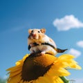 A hamster sitting on top of a sunflower. Generative AI image.