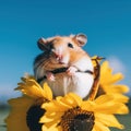 A hamster sitting on top of a sunflower. Generative AI image.