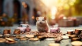 Hamster and toy car on the background of coins and banknotes