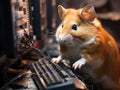 Hamster typing at mini computer in office