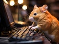 Hamster typing at mini computer in office