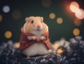 A hamster wearing a red sweater on a rock, AI