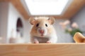 Hamster on the wooden table in the room
