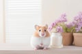 Hamster on a wooden table with a vase of flowers