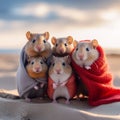 Hamsters hundled together on the beach.