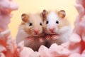 Hamsters. Two funny ginger hamsters peek out from a torn pink background. Hugging animals. Notebook cover or post card or greeting