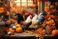 Han chickens rooster on the farm among autumn pumpkins AI Generated