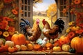 Han chickens rooster on the farm among autumn pumpkins AI Generated