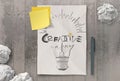 Han drawn light bulb and CREATIVE word design on clumpled paper Royalty Free Stock Photo