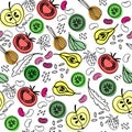 Han drawn seamless pattern for surface design. Healthy foods and vegetarian foods theme. Fruit, vegetables, beans, seeds